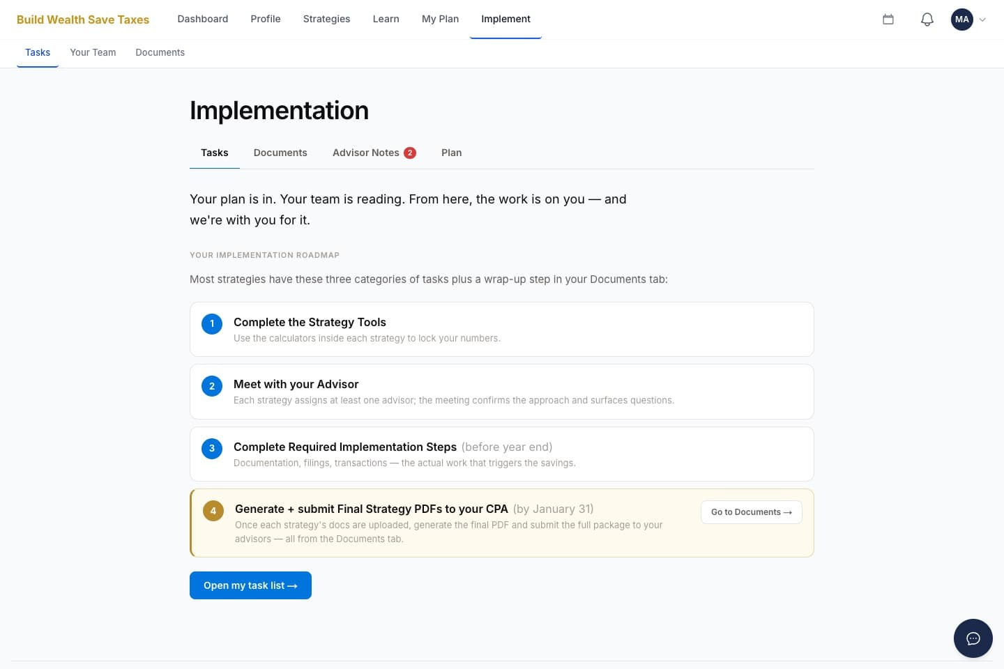 Implementation tracking with your advisor team
